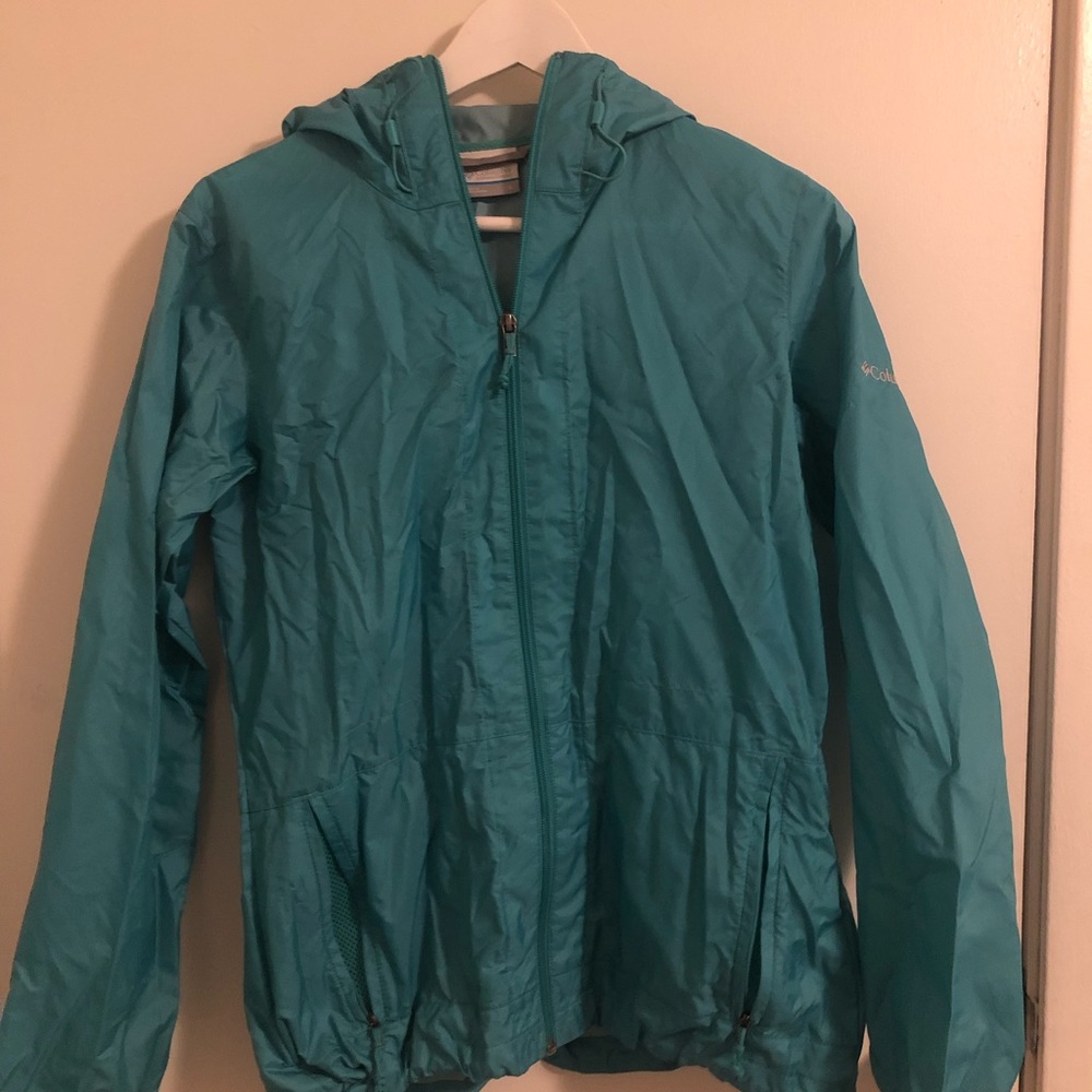 Teal Columbia rain jacket windbreaker with zipper, pockets and hood